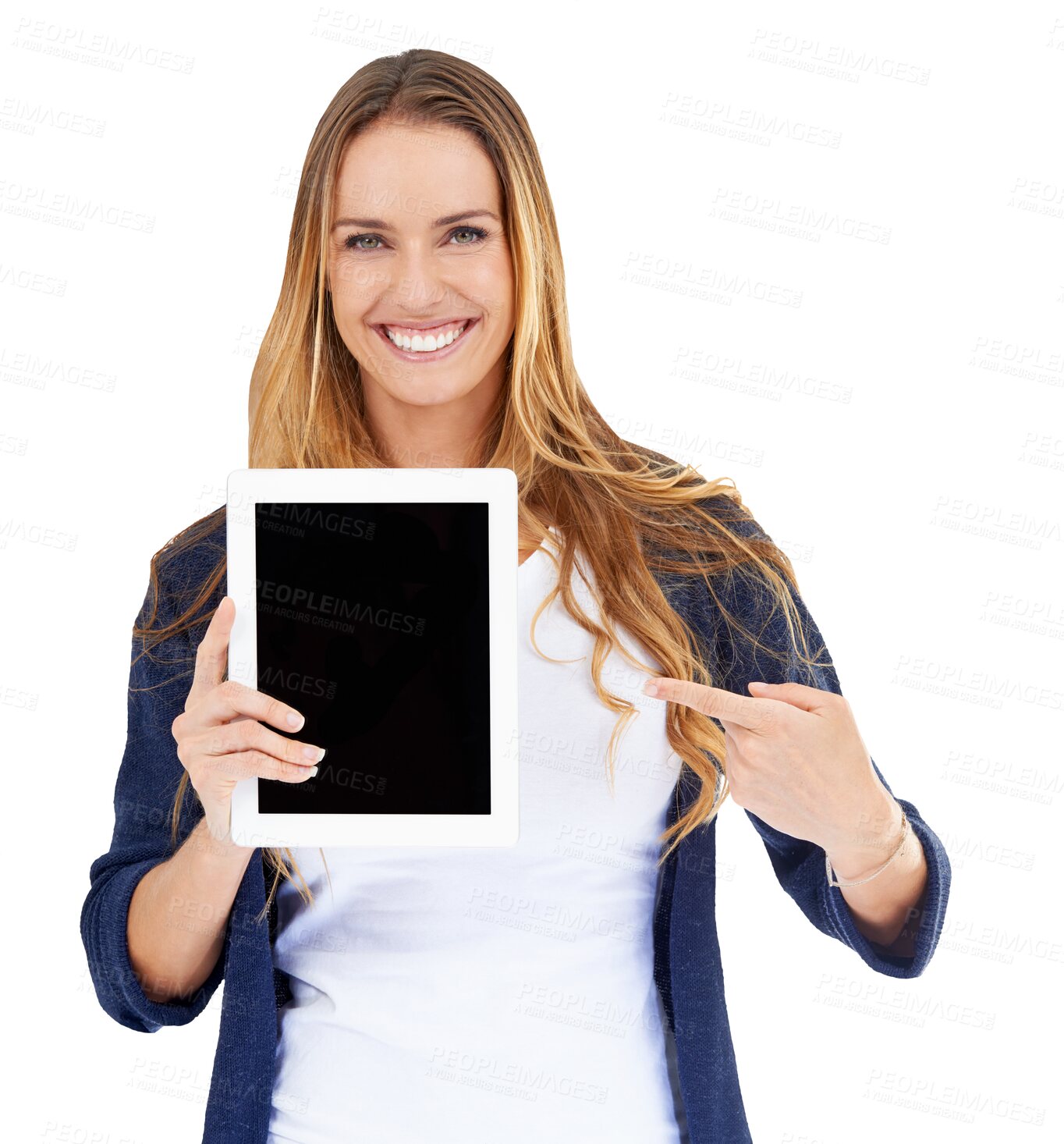 Buy stock photo Portrait of happy woman, tablet and pointing isolated on transparent png background for website promo. Model, mockup and digital app for online technology, application or announcement on screen