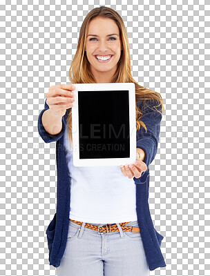 Buy stock photo Portrait of happy woman, tablet and mockup isolated on transparent png background for web promo. Smile model, presentation and digital app for online technology, screen and internet announcement