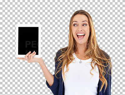 Buy stock photo Tablet mockup screen, happy woman and excited for advertising, presentation and online announcement email. Wow, giveaway winner notification and shocked model isolated on transparent, png background