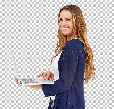 Buy stock photo Portrait, smile and woman with a laptop, internet and connection isolated on a transparent background. Face, person and model with a pc, technology and typing with website information, app and png