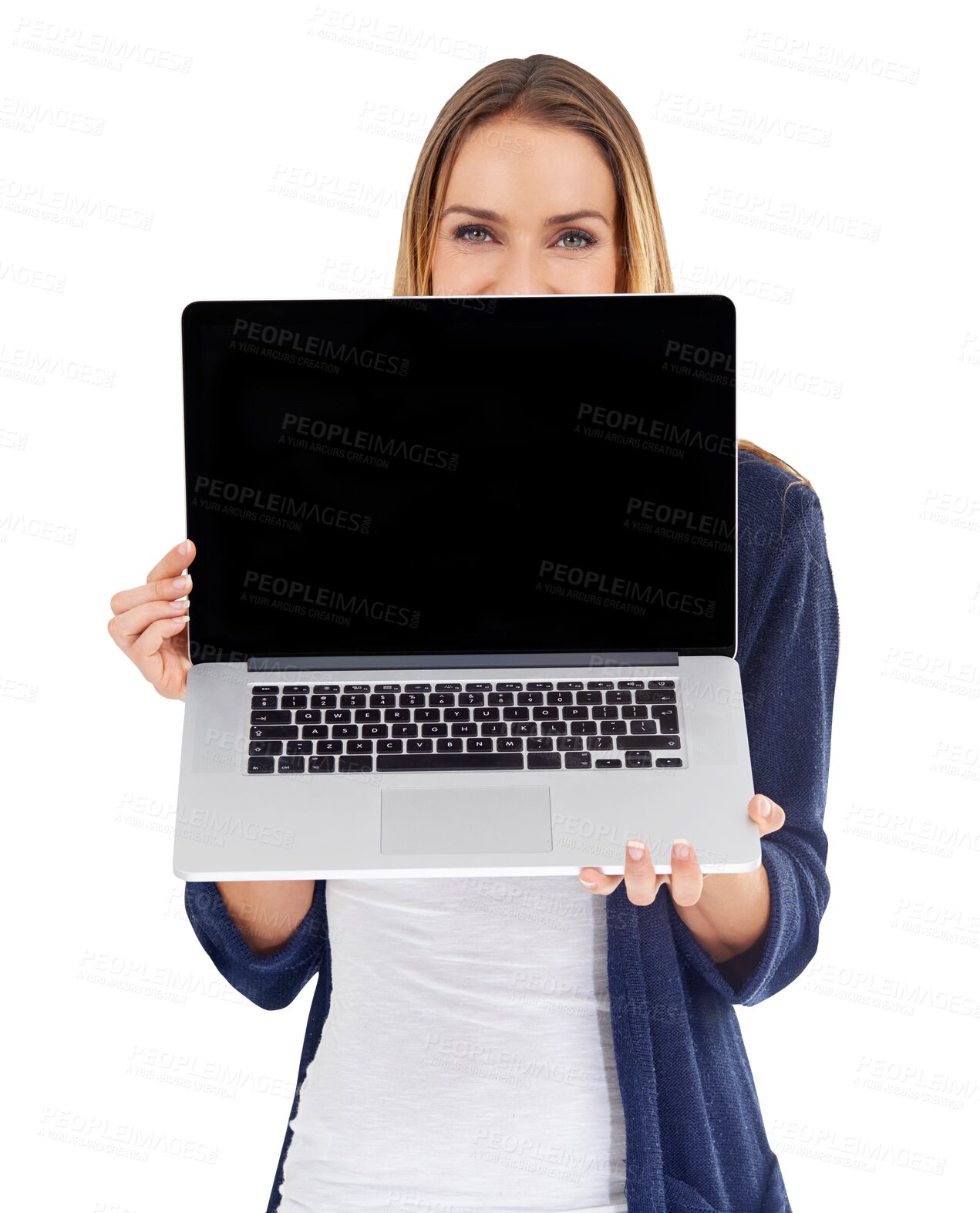 Buy stock photo Portrait, laptop screen and woman with promotion, internet and keyboard isolated on transparent background. Face, person or girl with a pc, presentation and wireless connection with png or technology