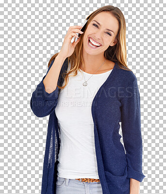 Buy stock photo Woman, portrait and laugh for phone call, conversation and communication to gossip isolated on a transparent png background. Mobile, contact and news of funny joke, social networking and discussion 