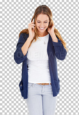 Buy stock photo Woman, phone call and smile for communication, conversation and contact for networking isolated on transparent png background. Happy model, mobile discussion and chat for news, talking and connection