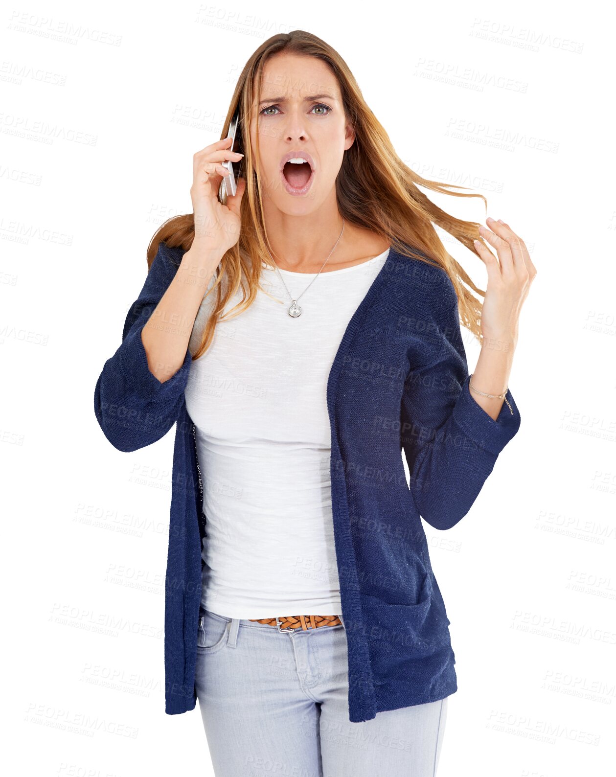 Buy stock photo Phone call, shock and portrait of woman with news on isolated, png and transparent background. Communication, networking and face of person on cellphone with omg, wtf and wow reaction for information