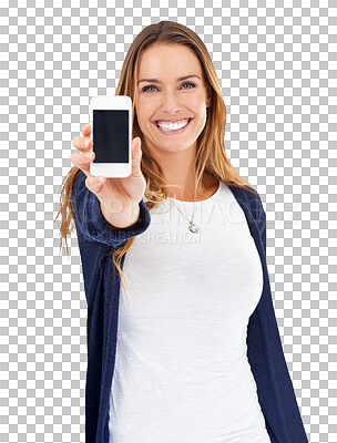 Buy stock photo Portrait of happy woman, phone and screen isolated on transparent png background for website promo. Happy model, connectivity and mobile app for online technology, smartphone and news announcement.
