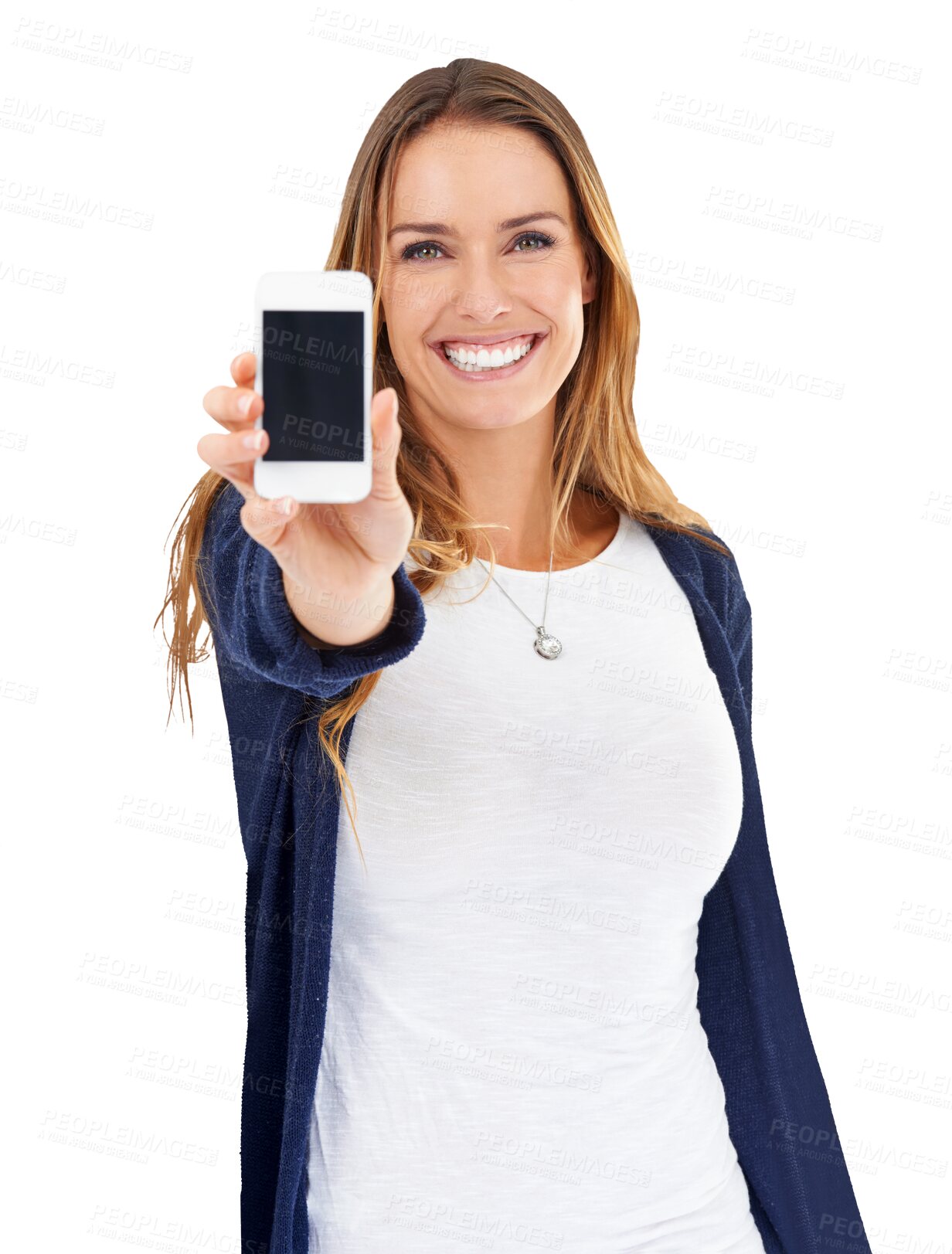 Buy stock photo Portrait of happy woman, phone and screen isolated on transparent png background for website promo. Happy model, connectivity and mobile app for online technology, smartphone and news announcement.