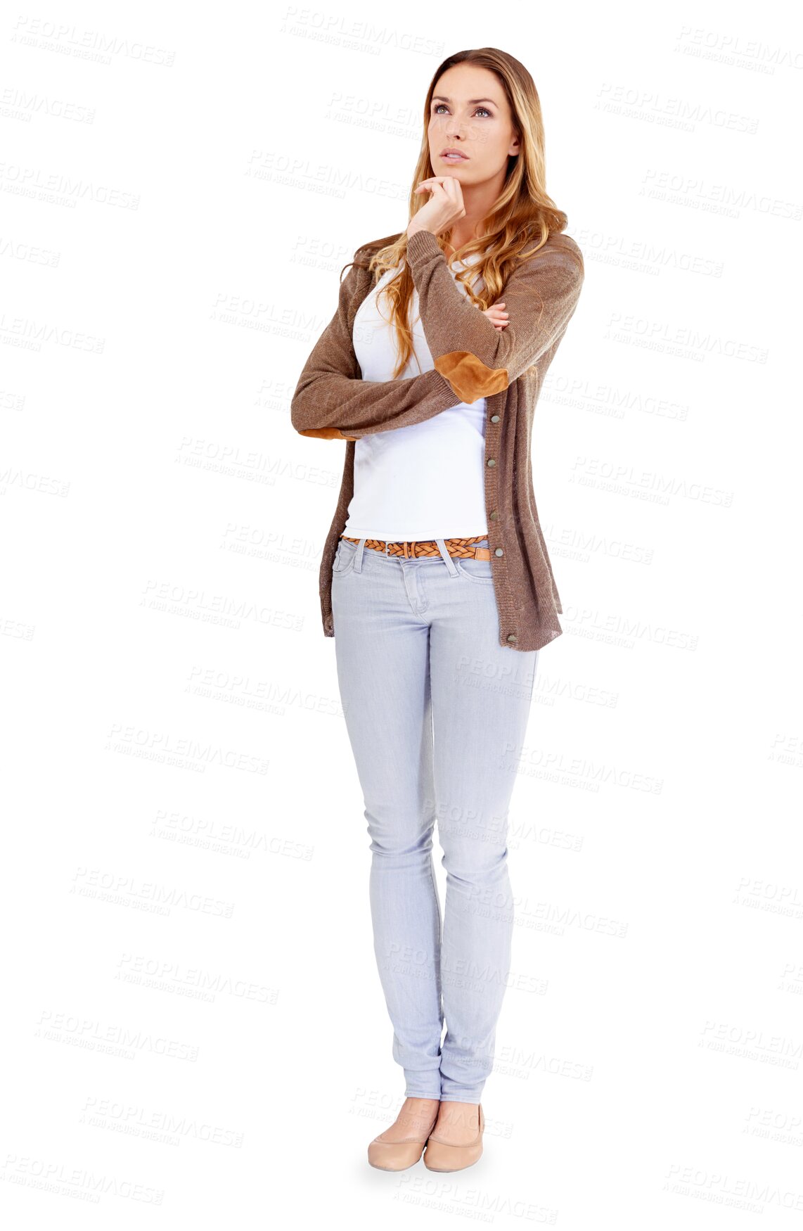 Buy stock photo Thinking, idea and woman planning, doubt and question isolated on transparent png background. Decision, choice or inspiration, dream or vision of confused person, solution or problem solving strategy