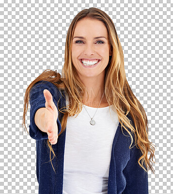 Buy stock photo Woman, portrait and offer handshake for welcome, meeting or introduction for agreement isolated on transparent png background. Happy model, shaking hands or thanks for networking, partnership or deal