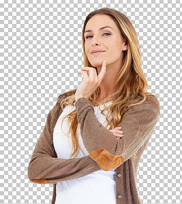 Buy stock photo Portrait, inspiration and woman with ideas, solution and problem solving isolated on a transparent background. Face, person and model with opportunity, decision and thinking with planning and png