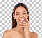 Portrait, skincare and woman with laugh, cosmetics and happiness against blue studio background. Face, Latino female and lady with smile, dermatology and morning routine for confidence and soft skin