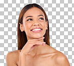 Skincare, beauty and cosmetics, face of hispanic woman, smile and skin glow promo on blue background. Makeup, facial product placement and model in studio for dermatology spa promotion with mockup.