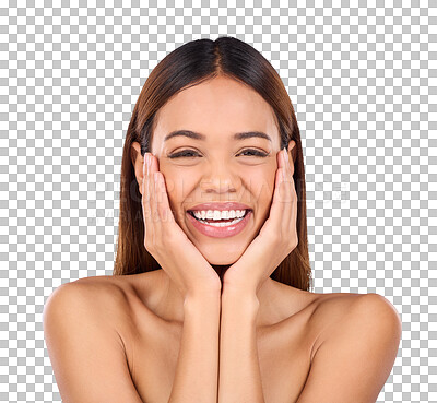 Buy stock photo Portrait, woman and smile with face for skincare, aesthetic glow and clean dermatology isolated on transparent png background. Natural beauty, facial treatment and excited for cosmetic results 