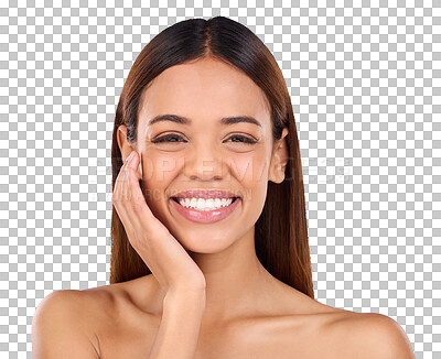 Buy stock photo Portrait, happy woman or touch face for skincare, aesthetic glow or dermatology isolated on transparent png background. Smile, natural beauty or facial treatment for shine of healthy cosmetic results