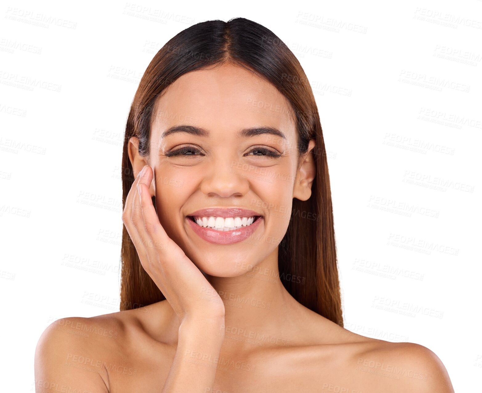 Buy stock photo Portrait, happy woman or touch face for skincare, aesthetic glow or dermatology isolated on transparent png background. Smile, natural beauty or facial treatment for shine of healthy cosmetic results