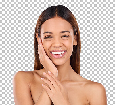 Buy stock photo Portrait, woman and smile for skincare, aesthetic glow and facial dermatology isolated on transparent png background. Natural beauty, treatment and touch face for shine, cosmetics and healthy results