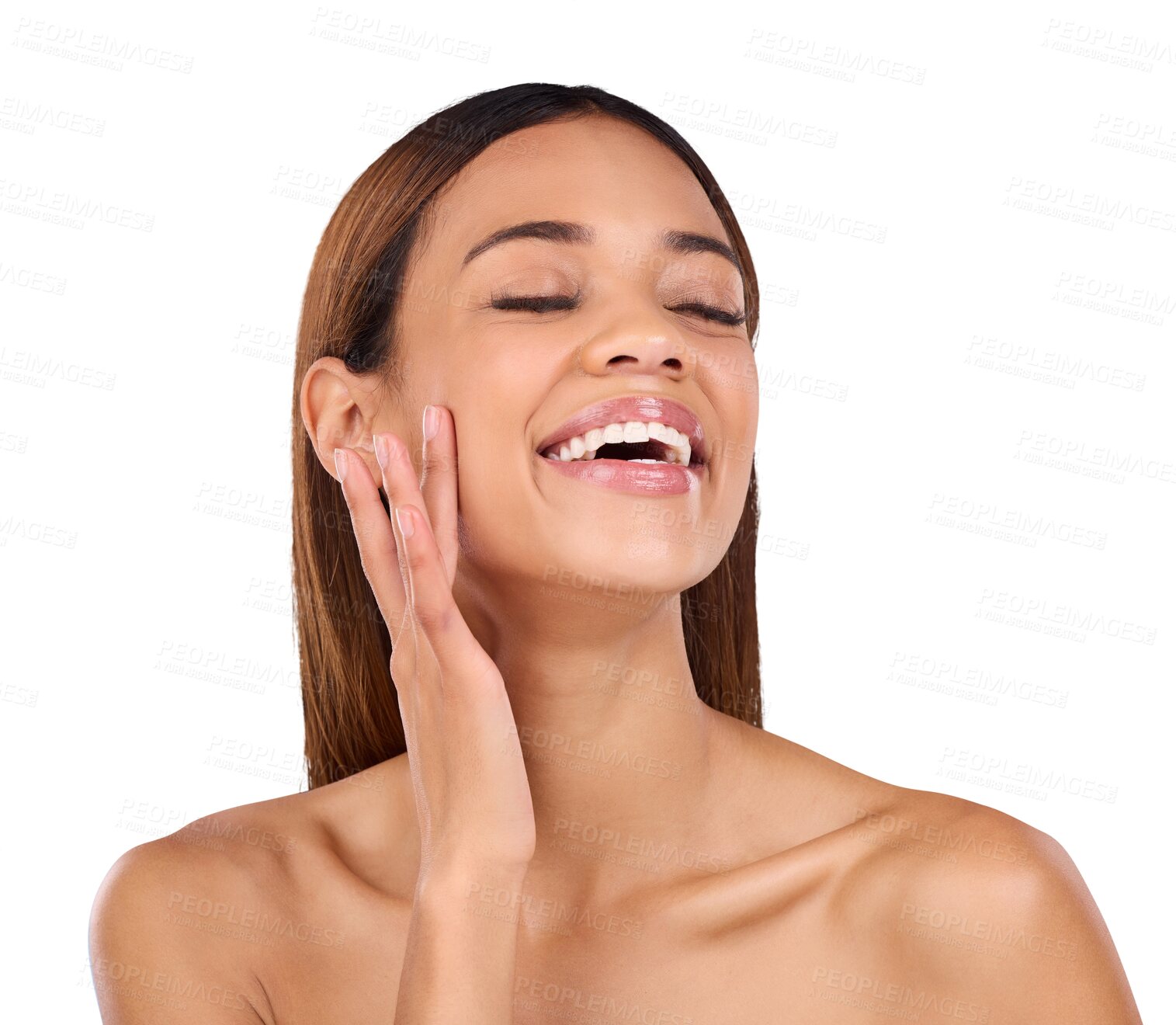 Buy stock photo Skincare, laughing and natural face of woman for beauty with smooth skin, cosmetics and facial treatment. Salon, dermatology and isolated happy person for wellness on png or transparent background