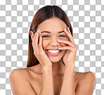 Beauty, cosmetics and portrait of woman laughing with hands on face in studio for skincare promo on blue background. Makeup, facial and cosmetics, hispanic model from Brazil for dermatology promotion