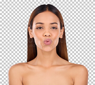 Buy stock photo Portrait, beauty and woman with cosmetics, dermatology and pout isolated on a transparent background. Face, person and model with treatment, grooming routine and lips kiss with shine, wellness or png