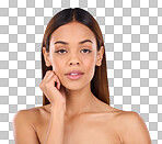 Skincare, cosmetic and portrait of woman beauty with clear skin after treatment or facial isolated in a studio blue background. Soft, natural and clean model due to dermatology due to self care