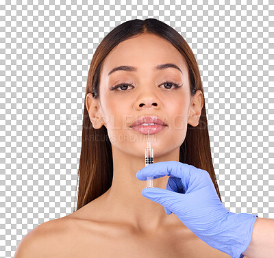Portrait, lips and injection of woman on studio, blue background and facial beauty. Young female model, lip filler and needle for plastic surgery, skincare transformation and aesthetic face change