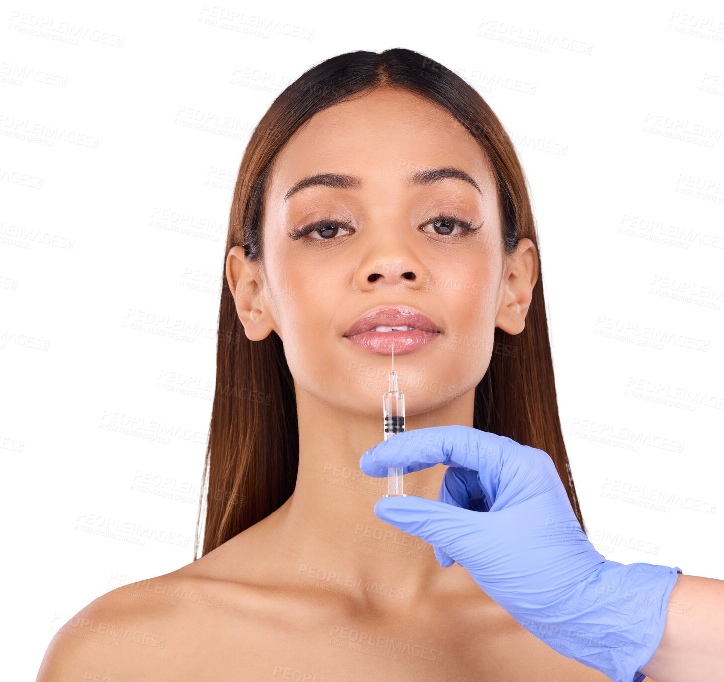 Buy stock photo Isolated woman, injection and lip filler with plastic surgery, cosmetic change or beauty by transparent png background. Model, girl and doctor with syringe, ppe glove or collagen for transformation