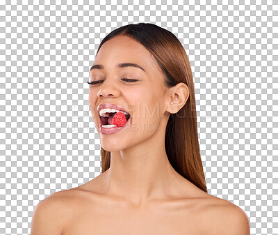 Buy stock photo Isolated woman, skincare and health for raspberry in mouth, diet or wellness by transparent png background. Girl, model and eyes closed for eating sustainable fruit for nutrition, results or benefits