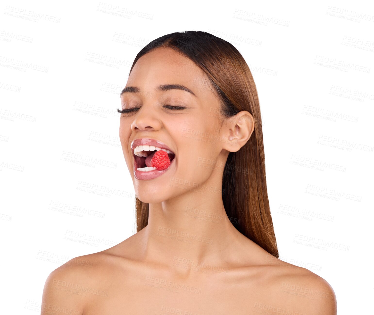 Buy stock photo Isolated woman, skincare and health for raspberry in mouth, diet or wellness by transparent png background. Girl, model and eyes closed for eating sustainable fruit for nutrition, results or benefits