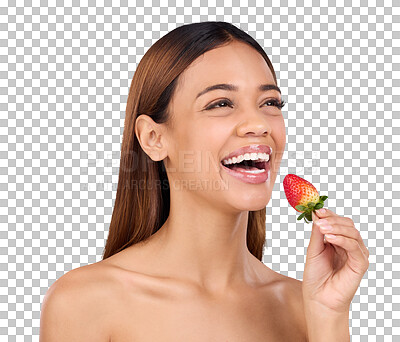 Buy stock photo Isolated woman, skincare and strawberry for health, diet or wellness by transparent png background. Girl, model and smile with thinking for eating sustainable fruit for nutrition, results or benefits