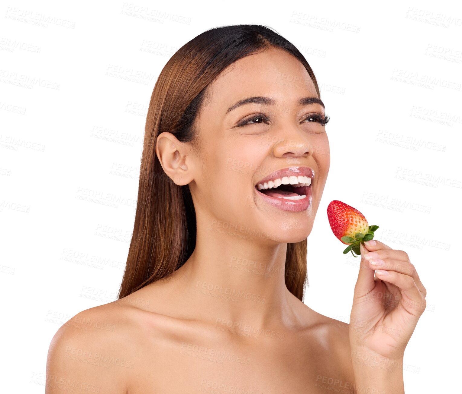 Buy stock photo Isolated woman, skincare and strawberry for health, diet or wellness by transparent png background. Girl, model and smile with thinking for eating sustainable fruit for nutrition, results or benefits