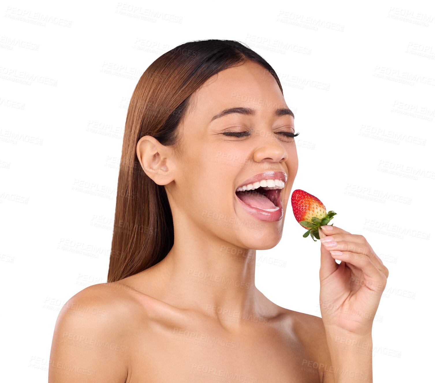 Buy stock photo Isolated woman, skincare and strawberry for beauty, diet and happy by transparent png background. Girl, model and smile with thinking for eating sustainable fruit for nutrition, results and change