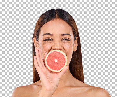 Buy stock photo Isolated woman, skincare and grapefruit for beauty, diet and portrait by transparent png background. Girl, model and smile with choice, sustainable fruit and nutrition for wellness, results or change