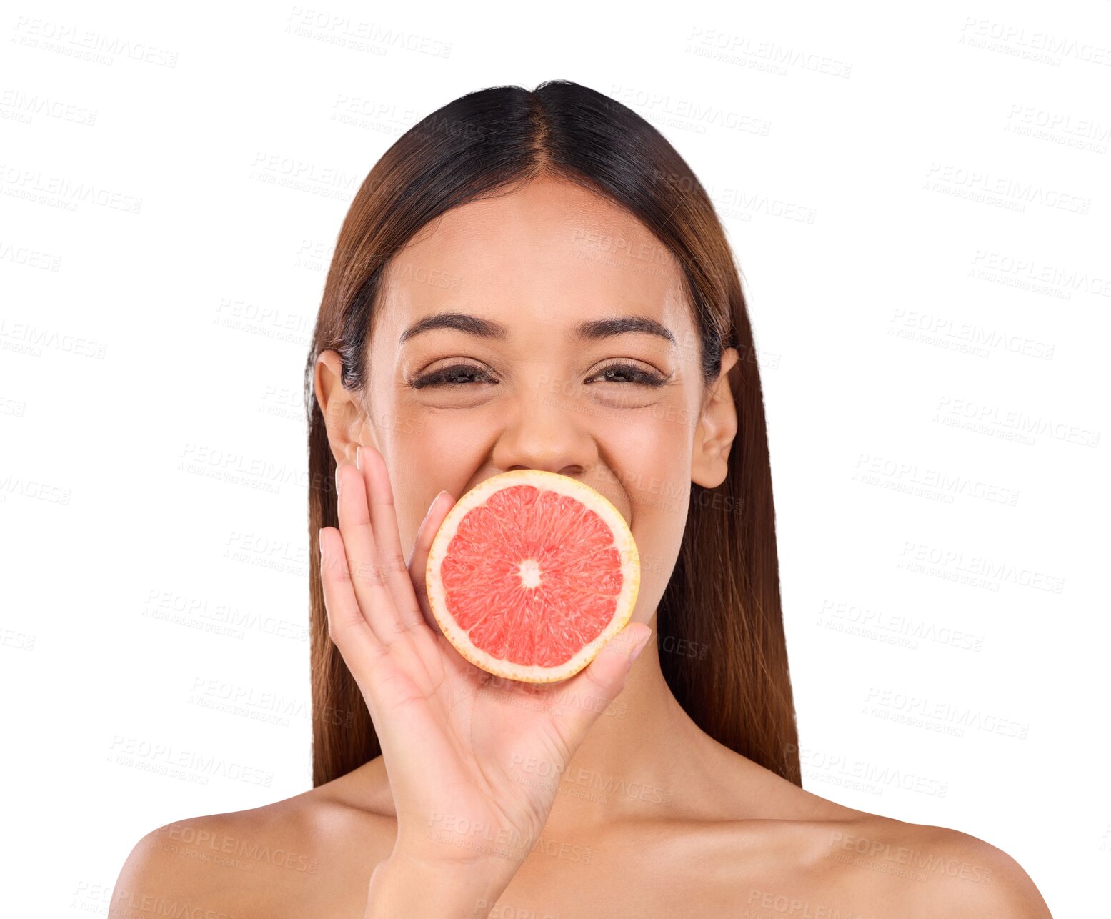 Buy stock photo Isolated woman, skincare and grapefruit for beauty, diet and portrait by transparent png background. Girl, model and smile with choice, sustainable fruit and nutrition for wellness, results or change