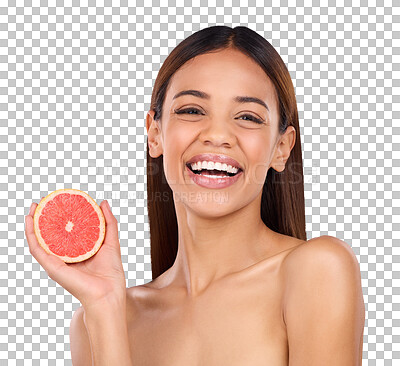 Buy stock photo Isolated woman, skincare and grapefruit for smile, diet and portrait by transparent png background. Girl, model and beauty with choice, sustainable fruit and nutrition for wellness, results or change