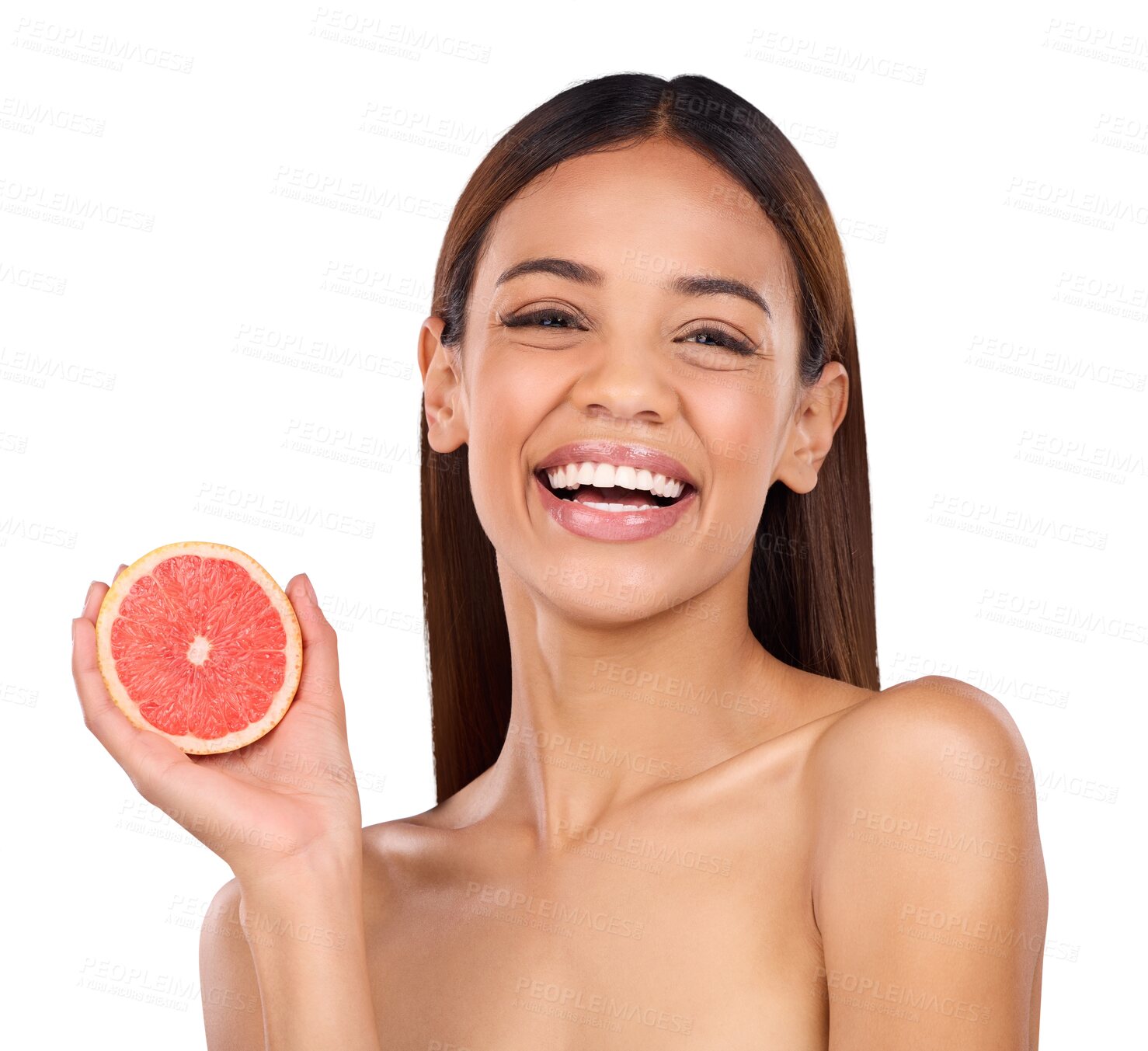 Buy stock photo Isolated woman, skincare and grapefruit for smile, diet and portrait by transparent png background. Girl, model and beauty with choice, sustainable fruit and nutrition for wellness, results or change