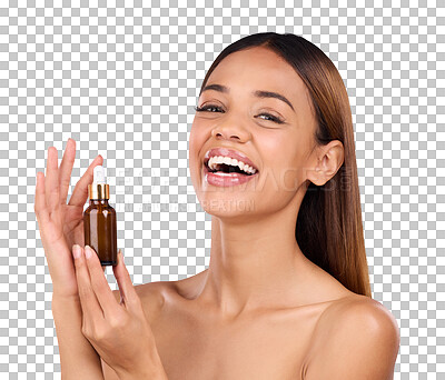 Buy stock photo Portrait, serum and woman with a smile, skincare and dermatology isolated on a transparent background. Face detox, person and model with happiness, cosmetics product and wellness with png and beauty