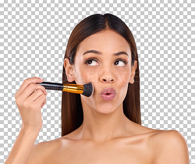 Buy stock photo Beauty, makeup and brush with woman, cosmetics and grooming isolated on a transparent background. Person, girl and model with self care, thinking and foundation with blush and png with shine and glow