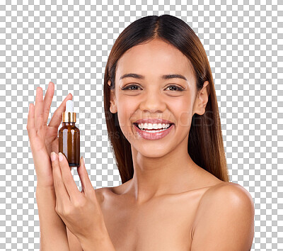 Buy stock photo Portrait, serum and woman with a smile, beauty and dermatology isolated on a transparent background. Face detox, person and model with cosmetics product, shine and wellness with png, glow or skincare