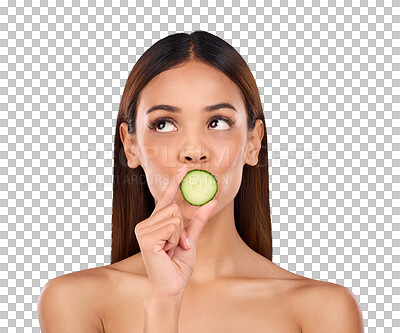 Buy stock photo Cucumber, woman and skincare with cosmetics, shine and healthy skin isolated on a transparent background. Person, fruit and girl with facial glow, natural and detox with confidence, self care and png