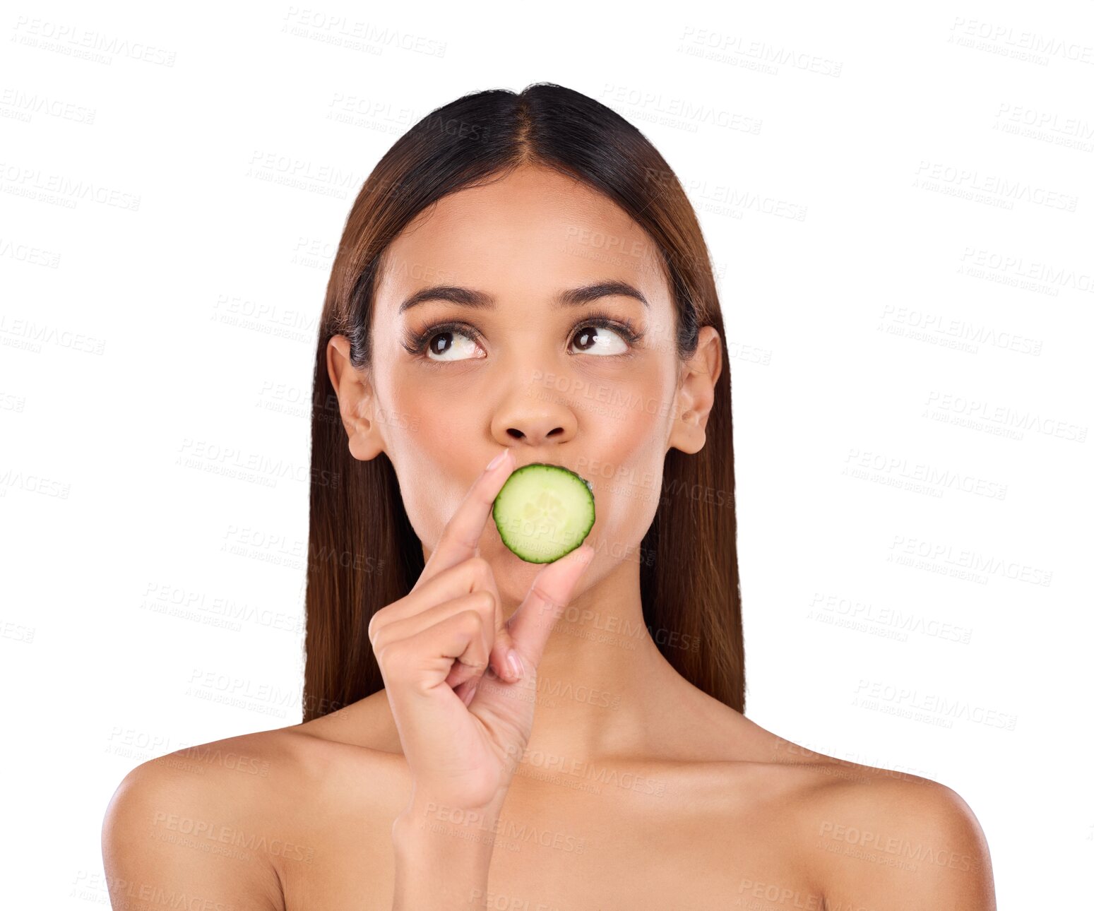 Buy stock photo Cucumber, woman and skincare with cosmetics, shine and healthy skin isolated on a transparent background. Person, fruit and girl with facial glow, natural and detox with confidence, self care and png