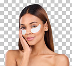 Skincare, collagen pads and portrait of woman with eye mask for anti aging skin glow on blue background. Cosmetics, facial repair and face of beauty model with wrinkle treatment product in studio.