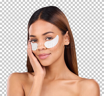 Buy stock photo Portrait, eye patches or woman with dermatology, skincare or wellness isolated on transparent background. Face, person or girl with anti aging, smile or cosmetics with beauty, png or collagen product