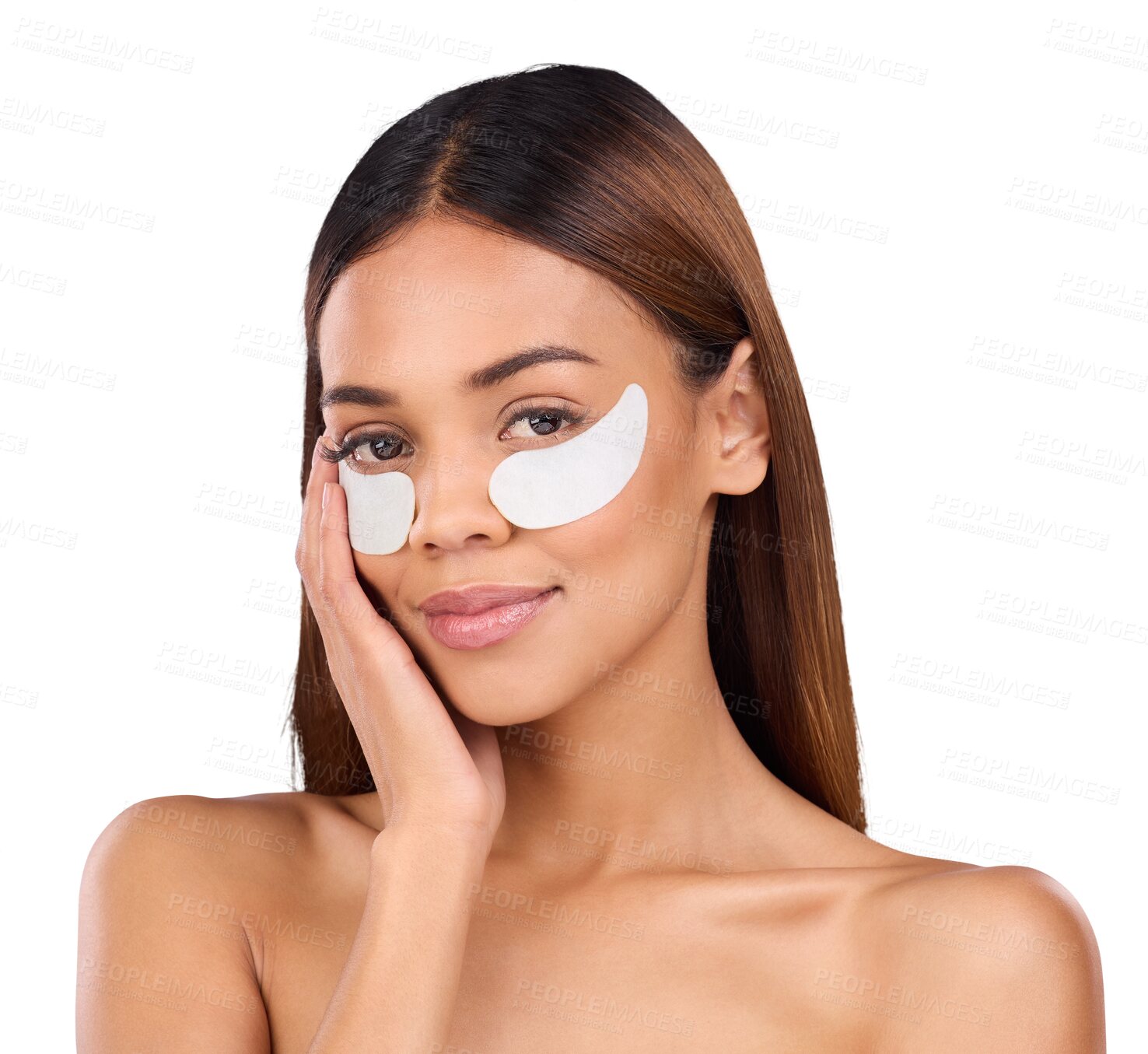 Buy stock photo Portrait, eye patches or woman with dermatology, skincare or wellness isolated on transparent background. Face, person or girl with anti aging, smile or cosmetics with beauty, png or collagen product