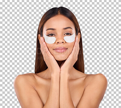 Buy stock photo Portrait, eye patches or woman with cosmetics, dermatology and shine isolated on transparent background. Face, person or girl with anti aging, smile or skincare with wellness, png or collagen product