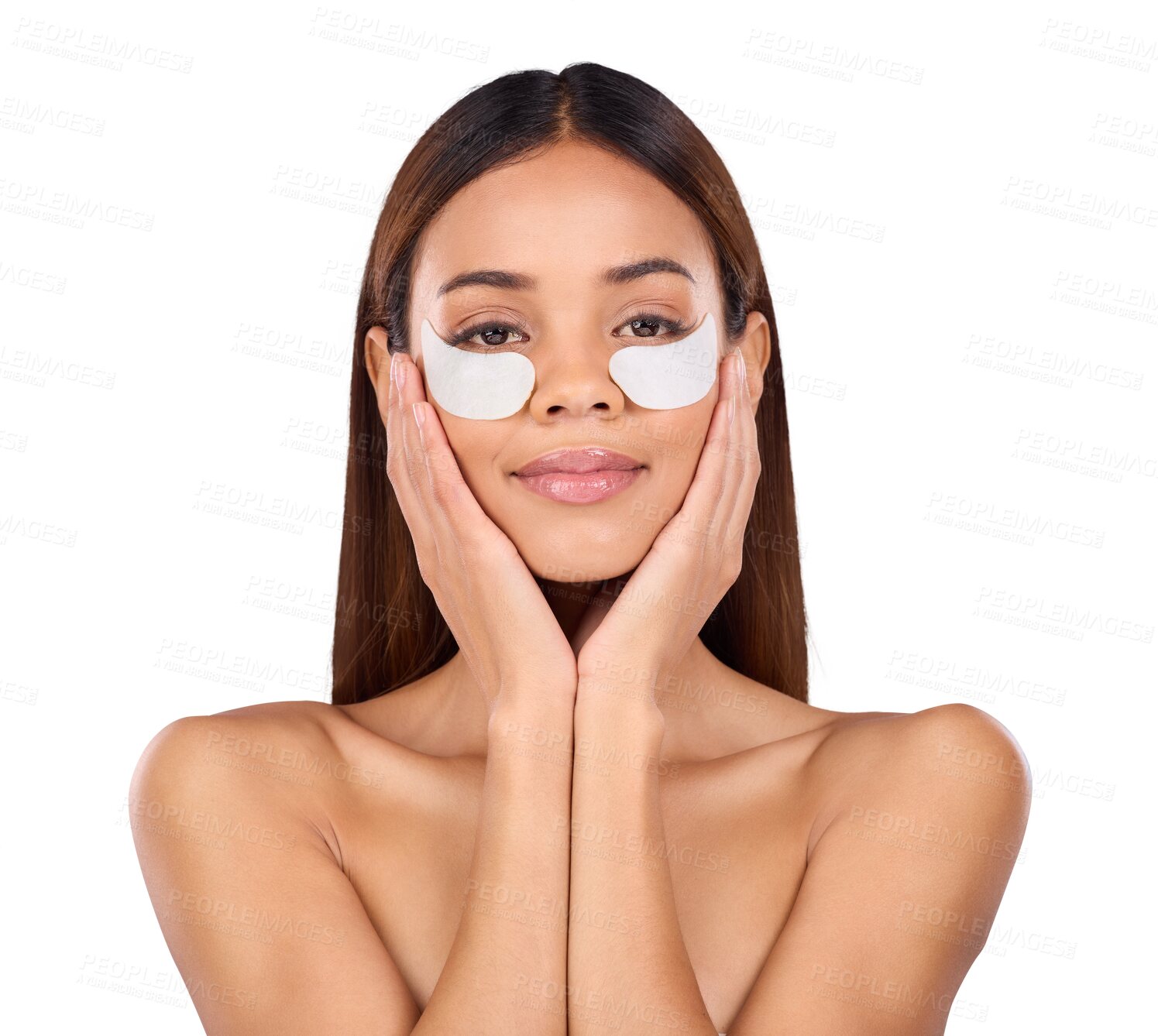 Buy stock photo Portrait, eye patches or woman with cosmetics, dermatology and shine isolated on transparent background. Face, person or girl with anti aging, smile or skincare with wellness, png or collagen product