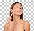 Skincare, massage and woman with facial roller for anti aging routine on blue background. Cosmetics, skin repair and hispanic model rolling face with rose stone quartz product in studio promo.