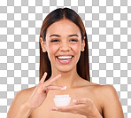 Woman, portrait and face with moisturizer creme for beauty skincare cosmetics, self love or care against a blue studio background. Happy female with lotion or moisturizing cream for soft perfect skin