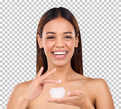 Buy stock photo Portrait, smile and woman with cream, cosmetics and skincare isolated on transparent background. Face, person and model with container,  moisturizer creme, beauty and shine with glow, png or grooming