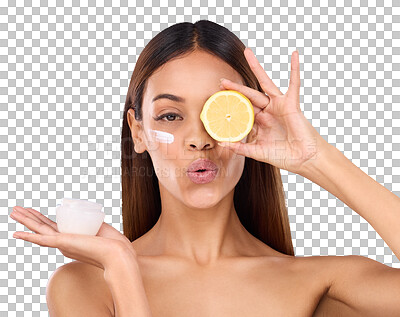 Buy stock photo Isolated woman, lemon and skincare cream in portrait with beauty, pout lips or change by transparent png background. Girl, model and facial cosmetics with fruit, lotion and kiss emoji for wellness