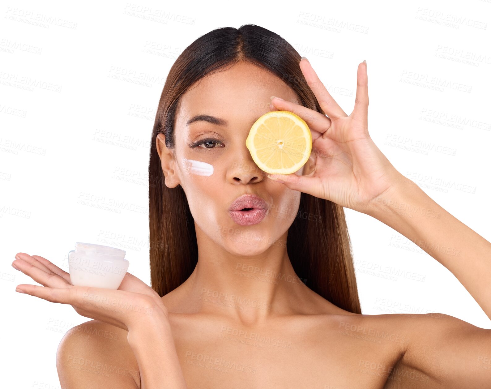 Buy stock photo Isolated woman, lemon and skincare cream in portrait with beauty, pout lips or change by transparent png background. Girl, model and facial cosmetics with fruit, lotion and kiss emoji for wellness