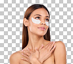 Skincare, collagen and woman with eye mask for anti aging beauty routine on blue background mockup. Cosmetics, facial repair and face of hispanic model with detox treatment product in studio promo.